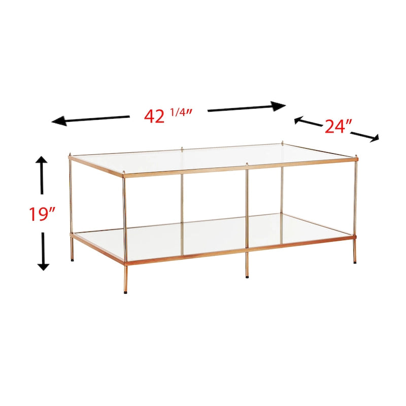 Rectangular Glass Coffee Table with Metallic Frame and Mirrored Shelf