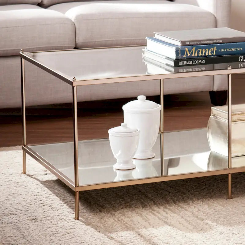 Rectangular Glass Coffee Table with Metallic Frame and Mirrored Shelf