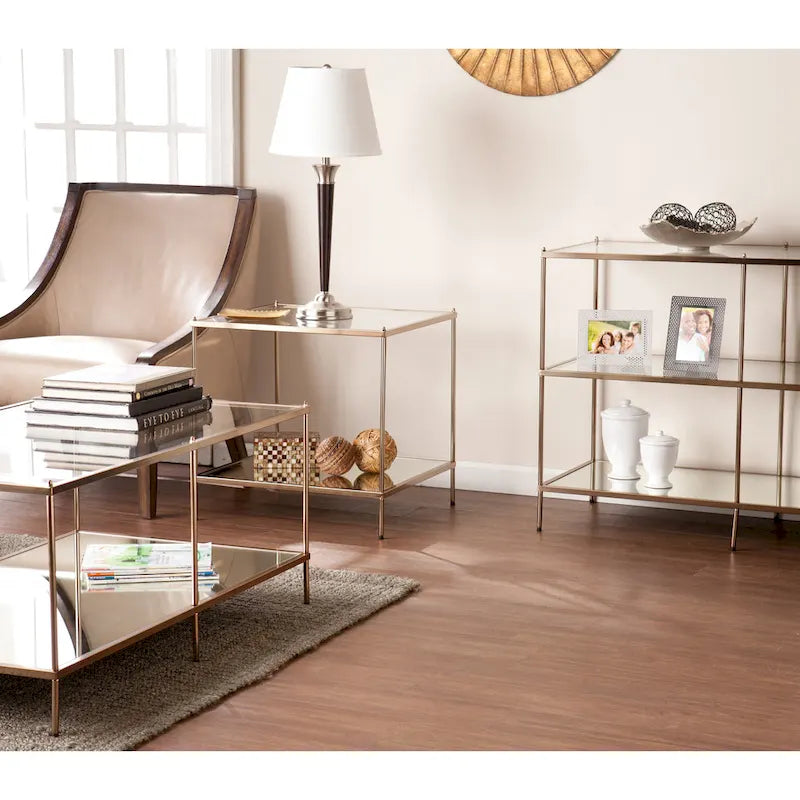 Rectangular Glass Coffee Table with Metallic Frame and Mirrored Shelf