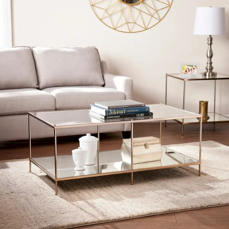Rectangular Glass Coffee Table with Metallic Frame and Mirrored Shelf