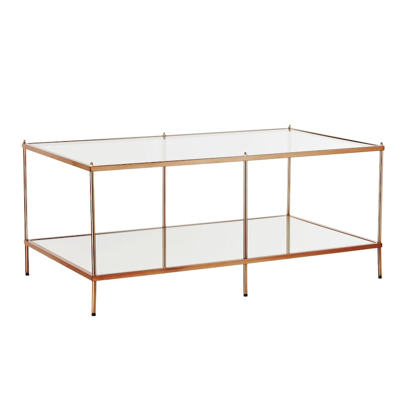 Rectangular Glass Coffee Table with Metallic Frame and Mirrored Shelf