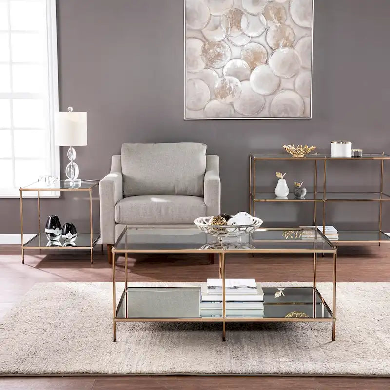Rectangular Glass Coffee Table with Metallic Frame and Mirrored Shelf
