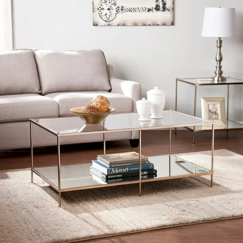 Rectangular Glass Coffee Table with Metallic Frame and Mirrored Shelf