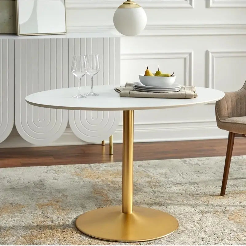 Modern White Oval Dining Table with Gold Metal Pedestal Base