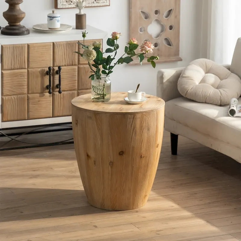 Rustic Round Drum Coffee Table with Hidden Storage Wooden Top