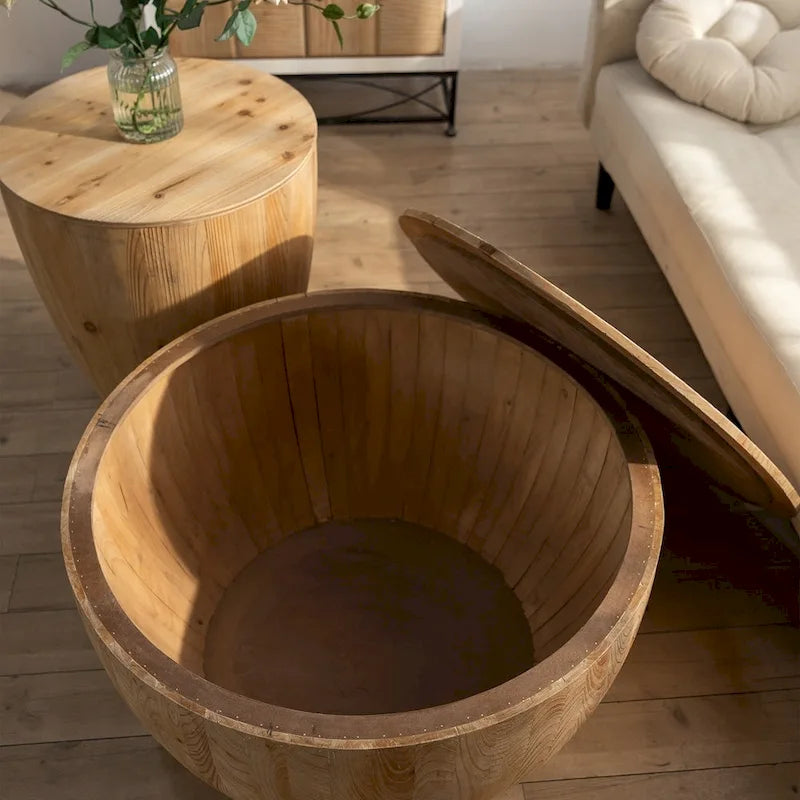 Rustic Round Drum Coffee Table with Hidden Storage Wooden Top