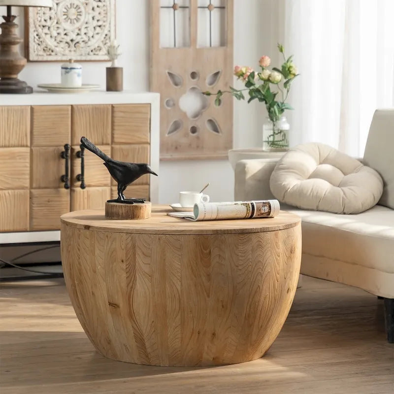 Rustic Round Drum Coffee Table with Hidden Storage Wooden Top