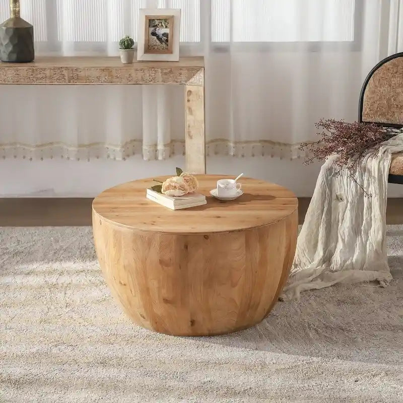 Rustikaler runder Trommel-Couchtisch mit verstecktem Stauraum und Holzplatte