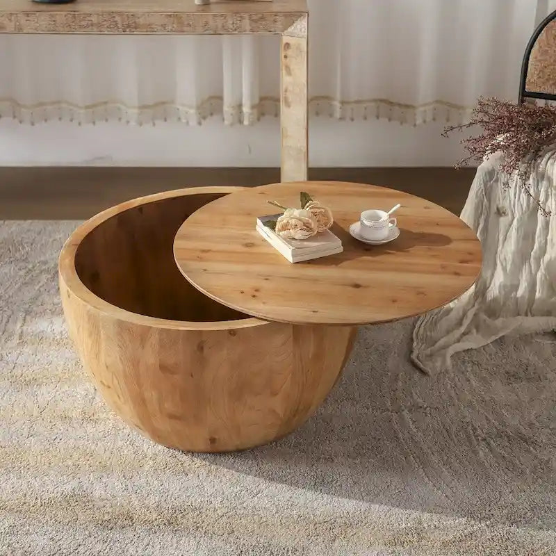 Rustikaler runder Trommel-Couchtisch mit verstecktem Stauraum und Holzplatte
