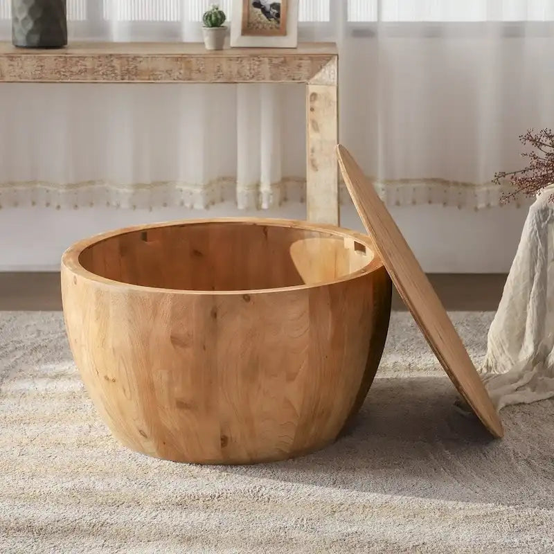 Rustikaler runder Trommel-Couchtisch mit verstecktem Stauraum und Holzplatte