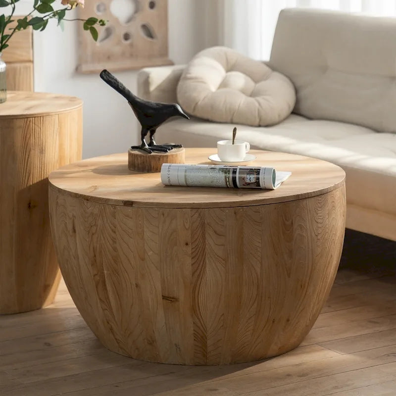 Rustikaler runder Trommel-Couchtisch mit verstecktem Stauraum und Holzplatte