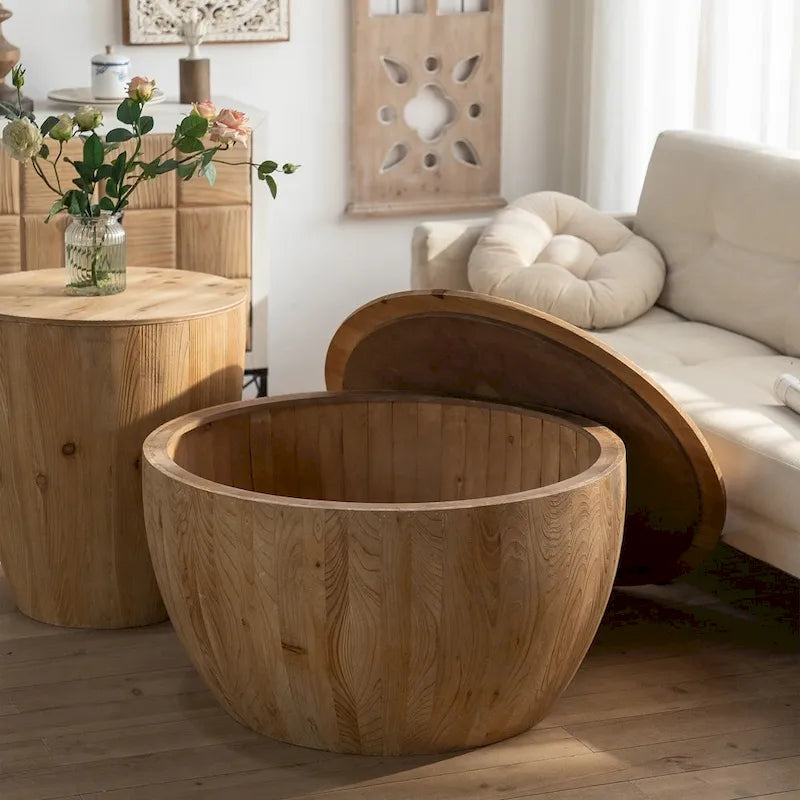 Rustikaler runder Trommel-Couchtisch mit verstecktem Stauraum und Holzplatte
