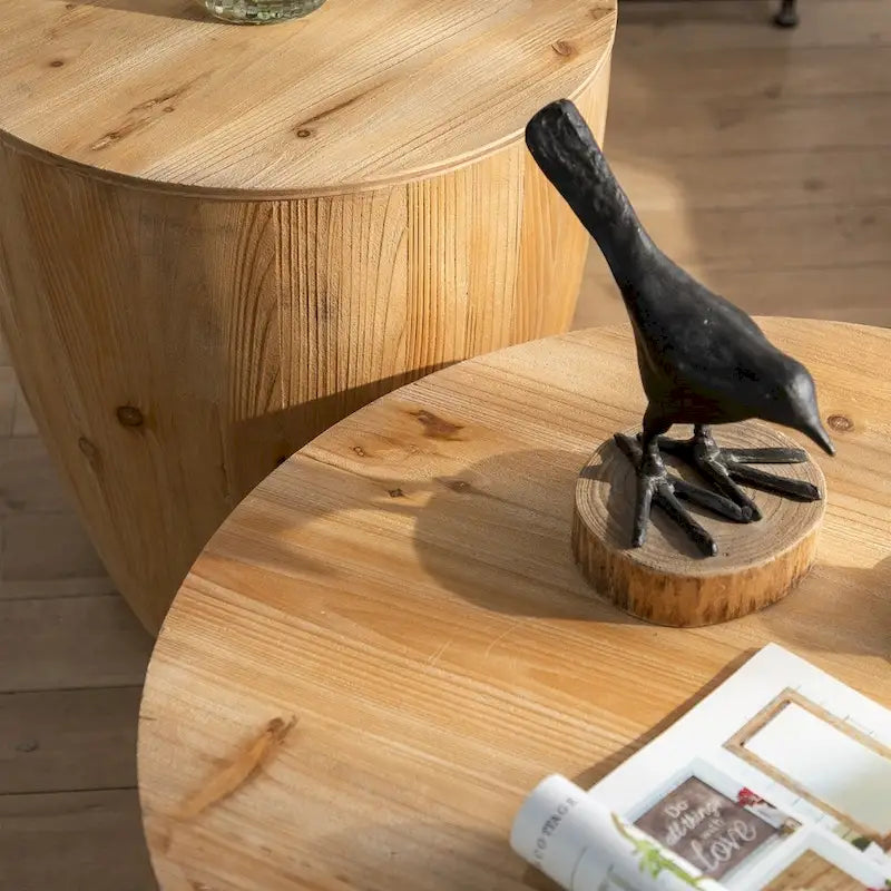 Rustikaler runder Trommel-Couchtisch mit verstecktem Stauraum und Holzplatte