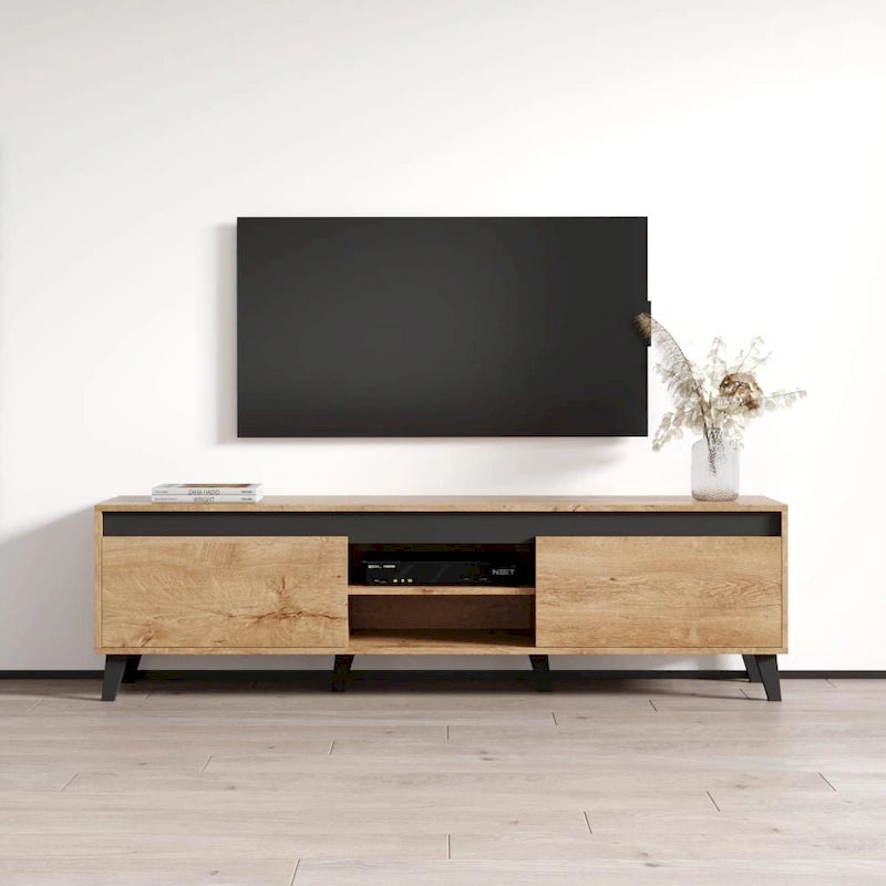 Mobile TV moderno con finitura rovere, ripiani aperti e vani contenitore