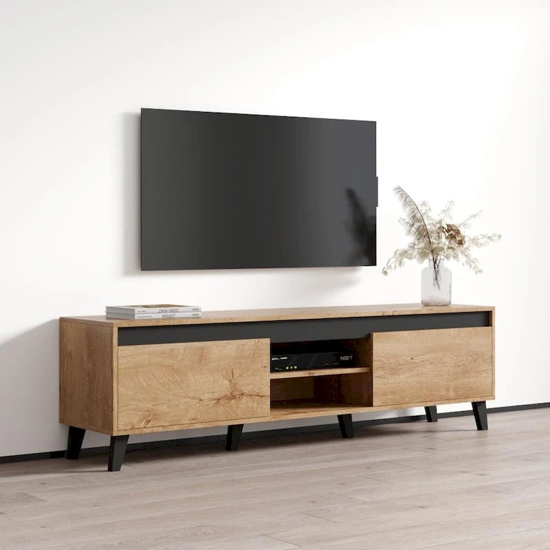 Modern Oak Finish TV Stand with Open Shelves and Cabinets