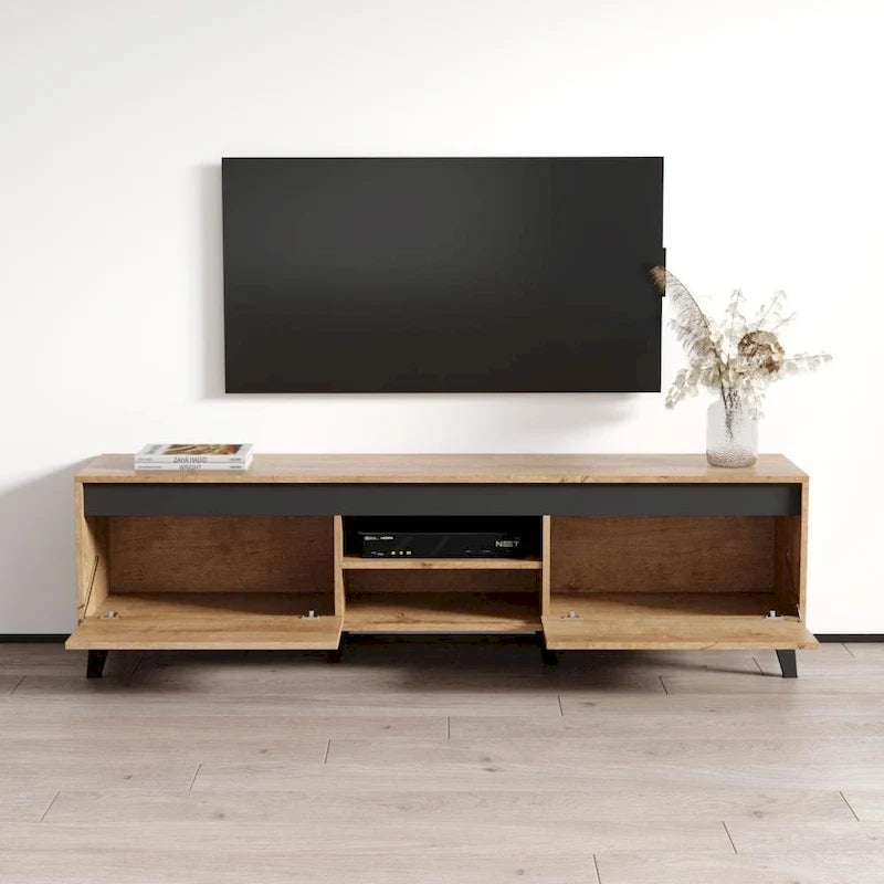 Modern Oak Finish TV Stand with Open Shelves and Cabinets