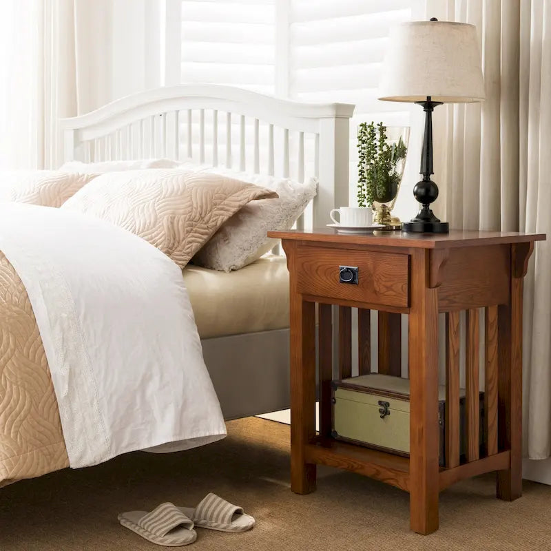 Solid Ash Wood Side Table with Drawer and Slatted Sides