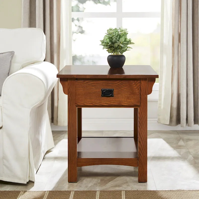 Solid Ash Wood Side Table with Drawer and Slatted Sides