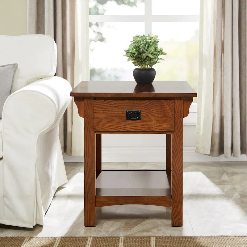 Solid Ash Wood Side Table with Drawer and Slatted Sides