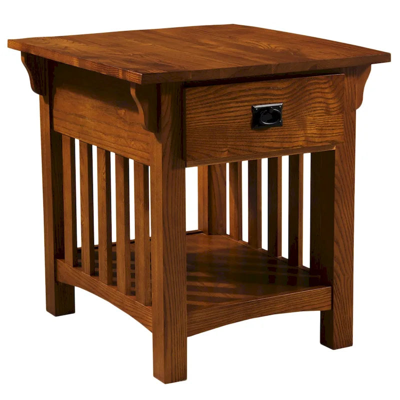 Solid Ash Wood Side Table with Drawer and Slatted Sides