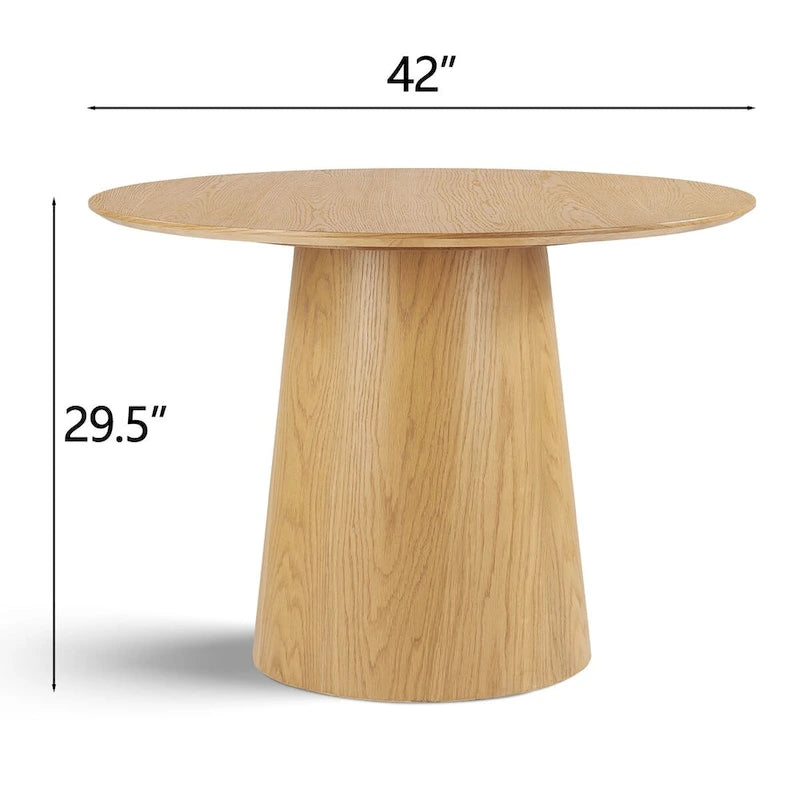 Round Oak Veneer Dining Table with Tapered Pedestal Beveled Edge