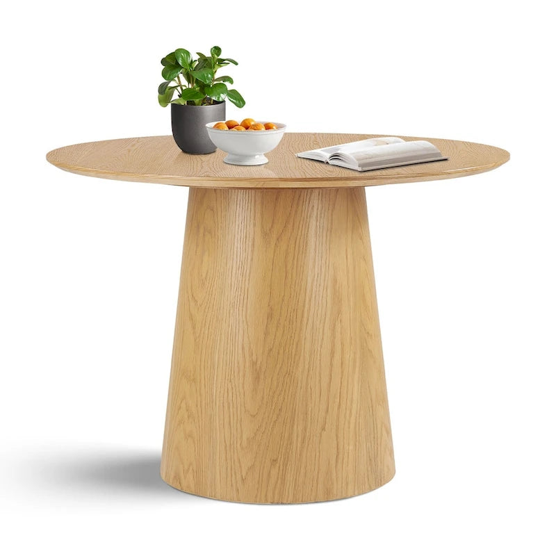 Mesa de jantar redonda em folheado de carvalho, com pedestal afunilado e bordo biselado