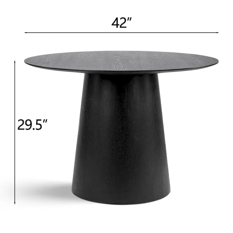 Mesa de jantar redonda em folheado de carvalho, com pedestal afunilado e bordo biselado