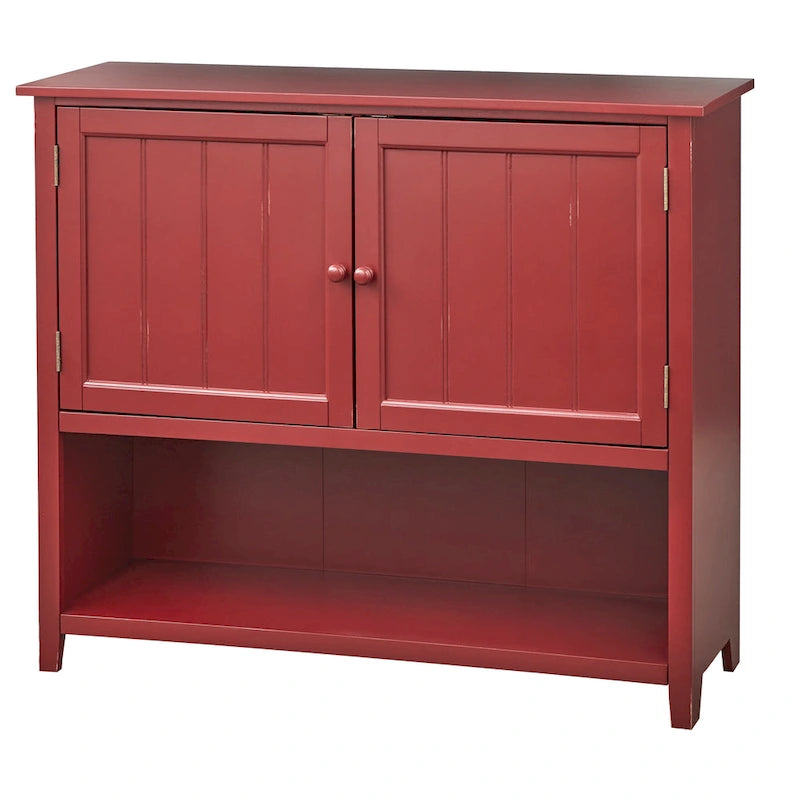 Credenza farmhouse a due ante con pannelli a beadboard e mensola aperta