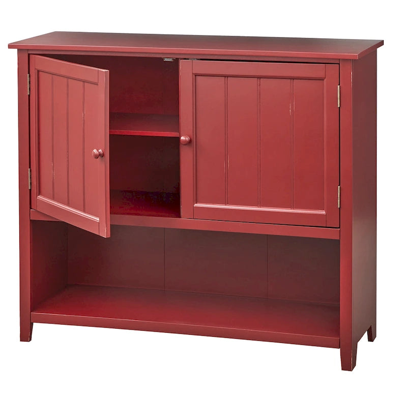 Credenza farmhouse a due ante con pannelli a beadboard e mensola aperta