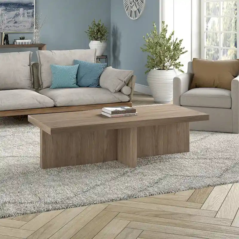 Tavolino da caffè moderno rettangolare effetto legno con base a pannelli incrociati
