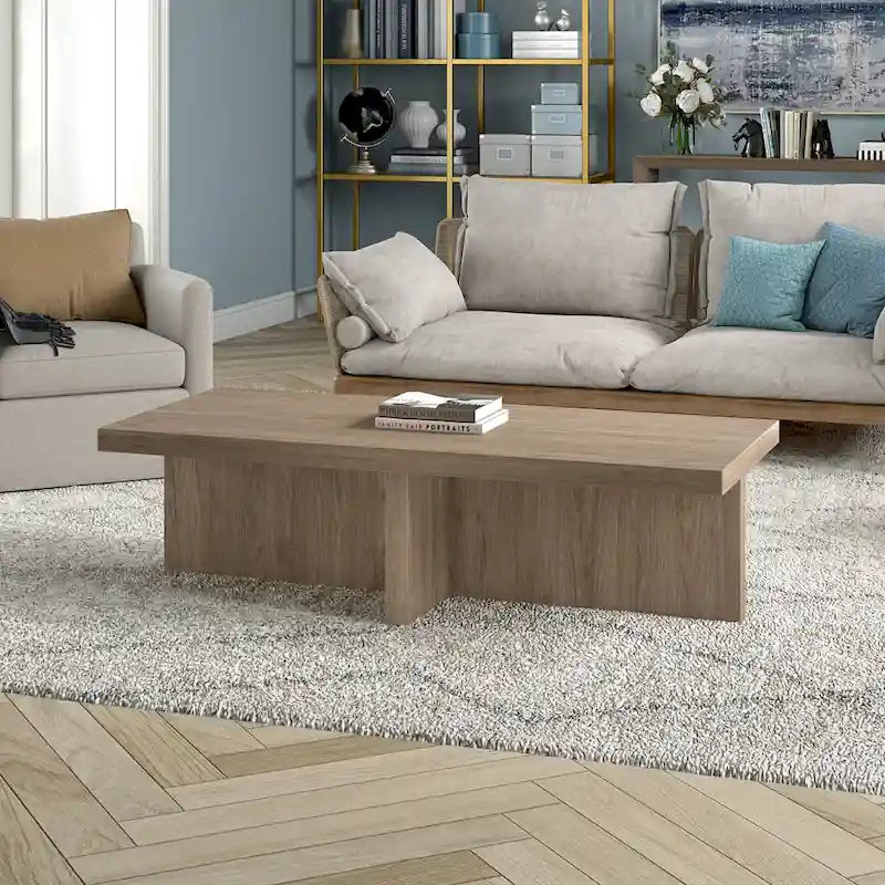Moderner rechteckiger Couchtisch in Holzoptik mit Kreuzpaneel-Gestell