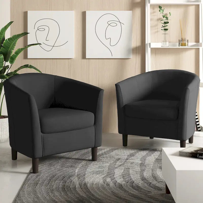 Modern Linen Barrel Accent Chair with Sloping Arms Wooden Legs