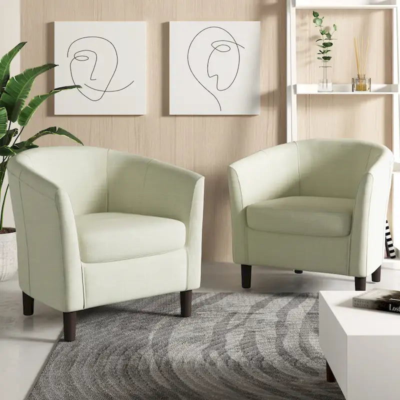 Modern Linen Barrel Accent Chair with Sloping Arms Wooden Legs