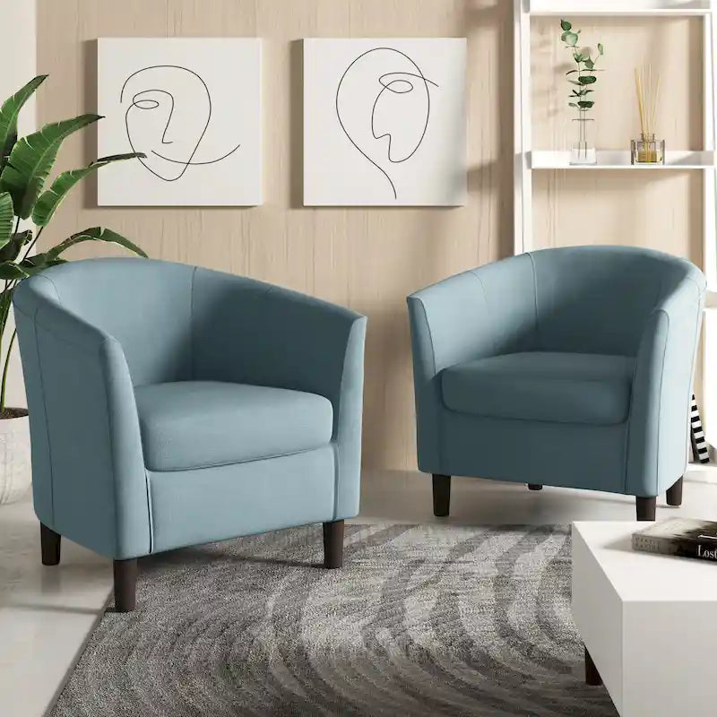 Modern Linen Barrel Accent Chair with Sloping Arms Wooden Legs