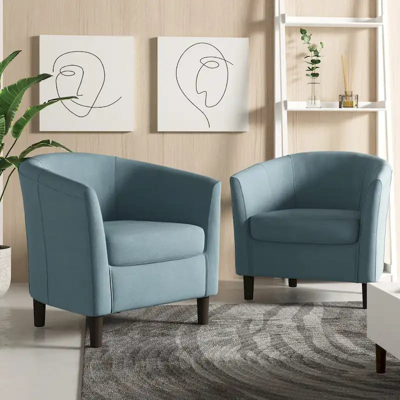 Modern Linen Barrel Accent Chair with Sloping Arms Wooden Legs