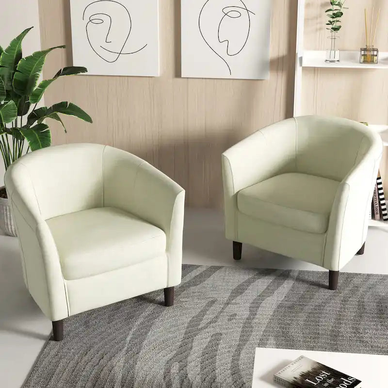 Modern Linen Barrel Accent Chair with Sloping Arms Wooden Legs