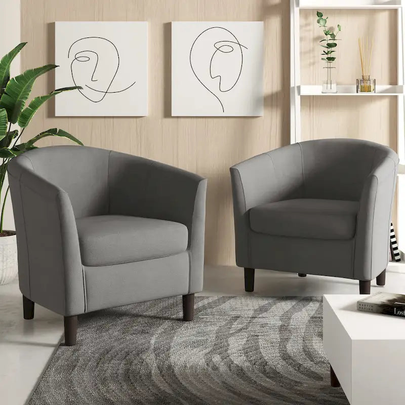 Modern Linen Barrel Accent Chair with Sloping Arms Wooden Legs