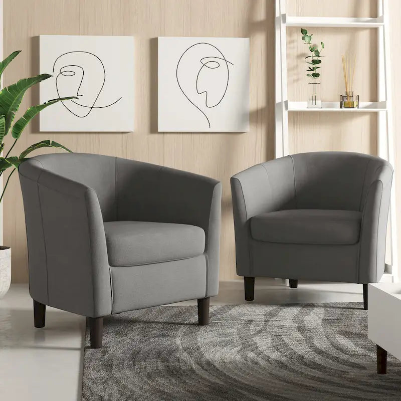 Modern Linen Barrel Accent Chair with Sloping Arms Wooden Legs