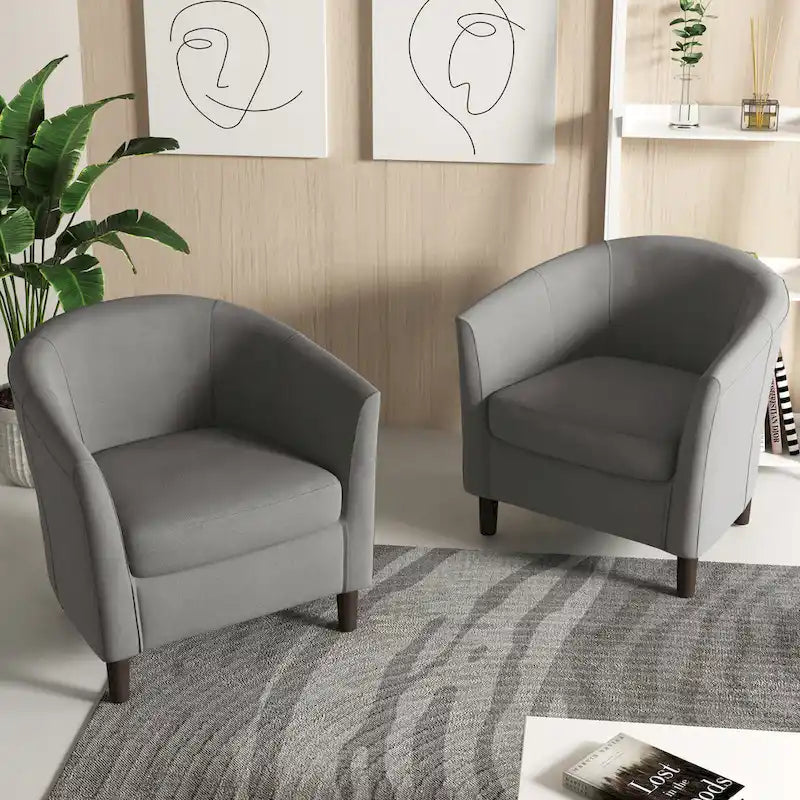 Modern Linen Barrel Accent Chair with Sloping Arms Wooden Legs