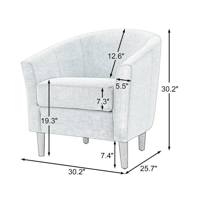 Modern Linen Barrel Accent Chair with Sloping Arms Wooden Legs