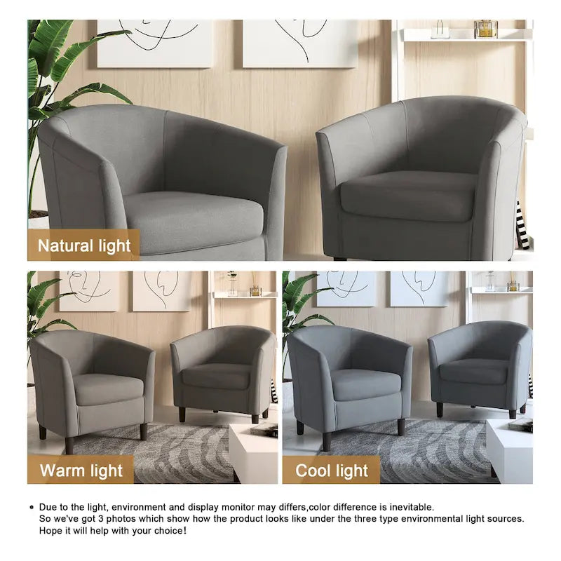 Modern Linen Barrel Accent Chair with Sloping Arms Wooden Legs