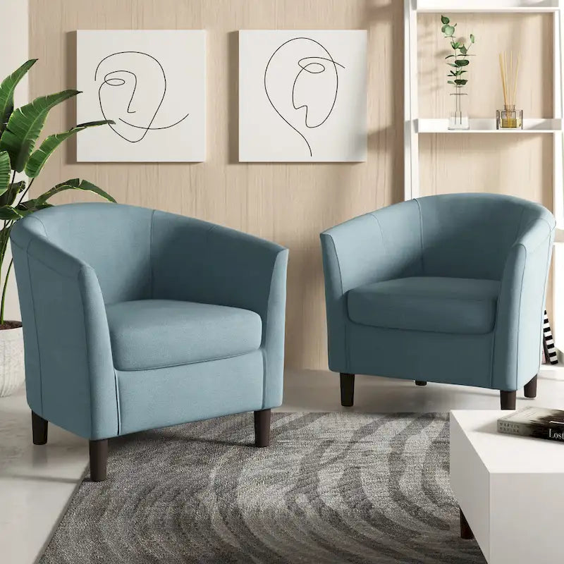 Modern Linen Barrel Accent Chair with Sloping Arms Wooden Legs