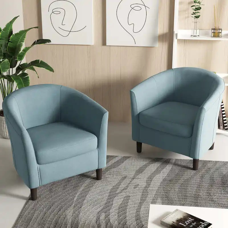Modern Linen Barrel Accent Chair with Sloping Arms Wooden Legs