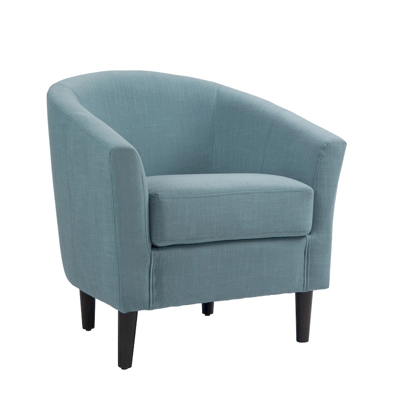 Modern Linen Barrel Accent Chair with Sloping Arms Wooden Legs