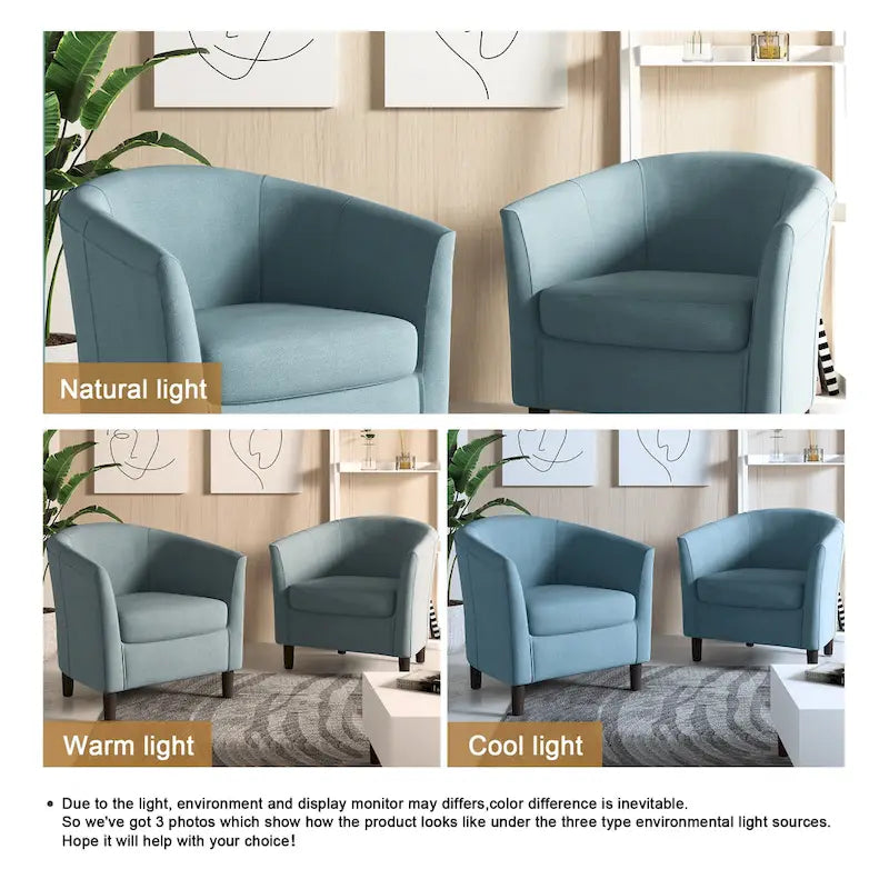 Modern Linen Barrel Accent Chair with Sloping Arms Wooden Legs