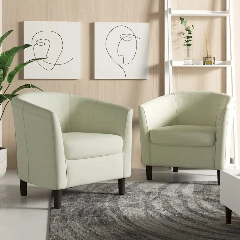 Modern Linen Barrel Accent Chair with Sloping Arms Wooden Legs