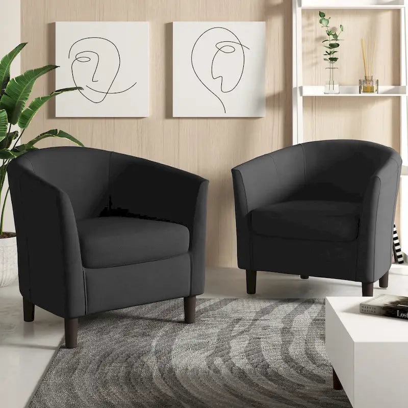 Modern Linen Barrel Accent Chair with Sloping Arms Wooden Legs