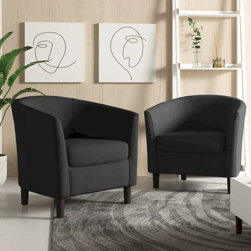 Modern Linen Barrel Accent Chair with Sloping Arms Wooden Legs