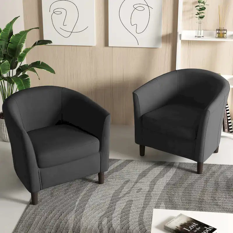 Modern Linen Barrel Accent Chair with Sloping Arms Wooden Legs