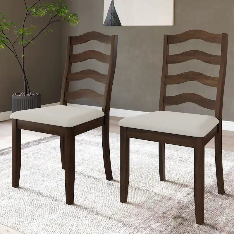 Wooden Dining Chair with Wavy Slat Back and Upholstered Seat